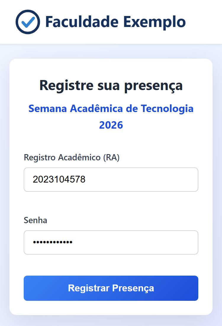 Tela de celular com o formulário "Registre sua presença", campos de RA e senha preenchidos e o botão "Registrar Presença".