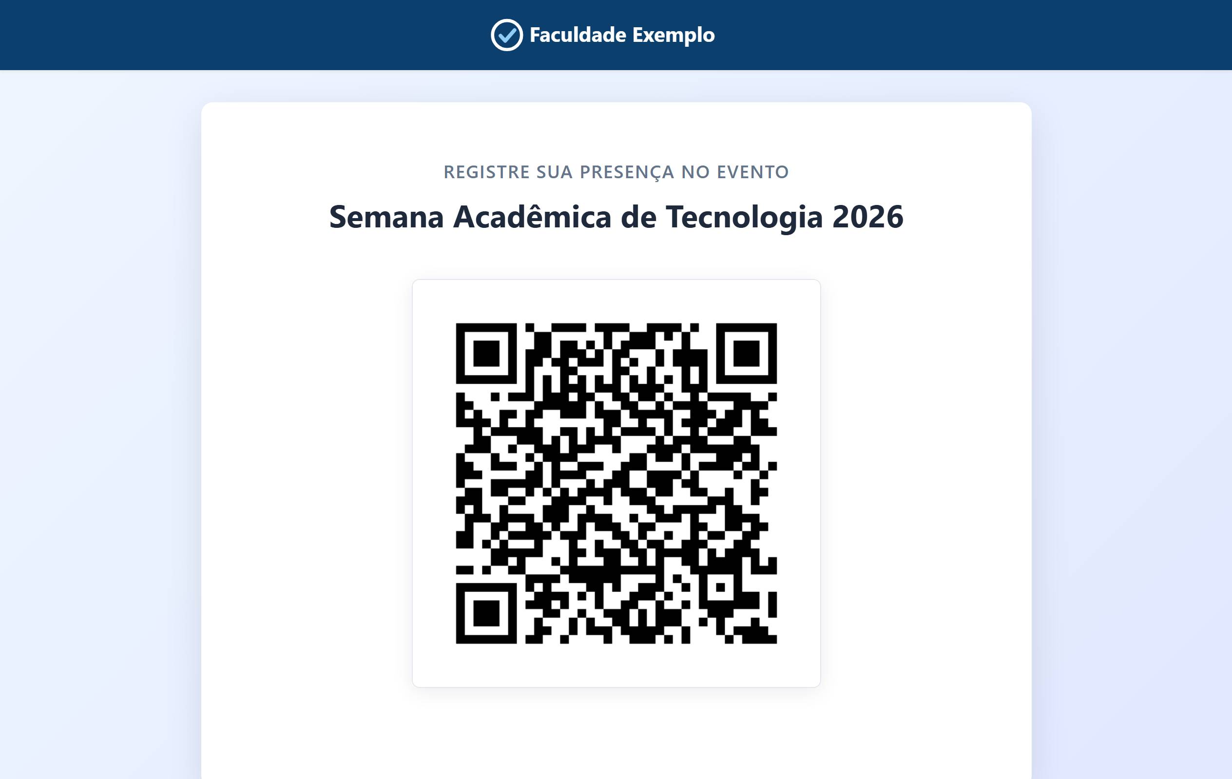 Tela de chamada projetada com o título "Registre sua presença no evento", o nome do evento e um QR Code grande.