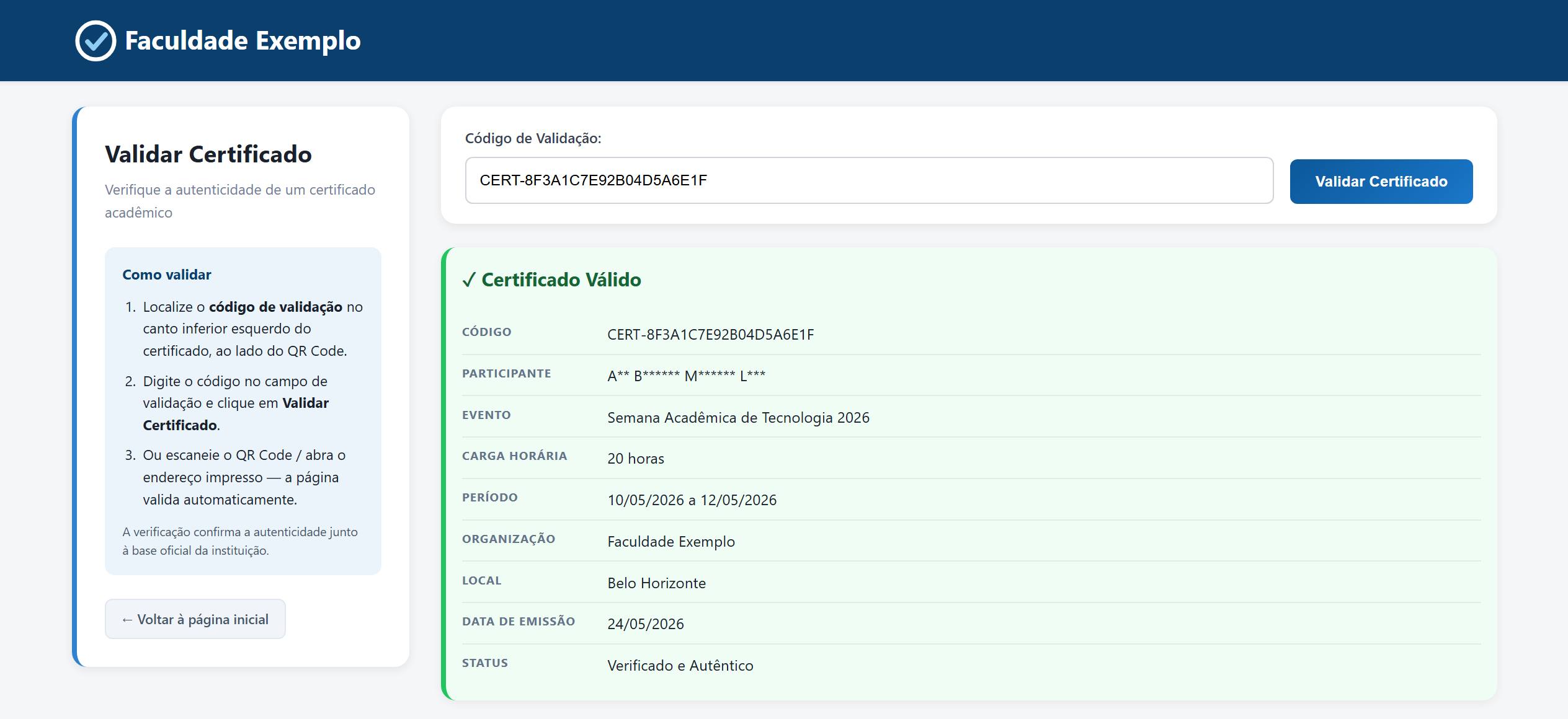 Tela de validação da Faculdade Exemplo mostrando "Certificado Válido" com código, participante com nome mascarado, evento, carga horária de 20 horas, período, organização, local, data de emissão e status "Verificado e Autêntico".
